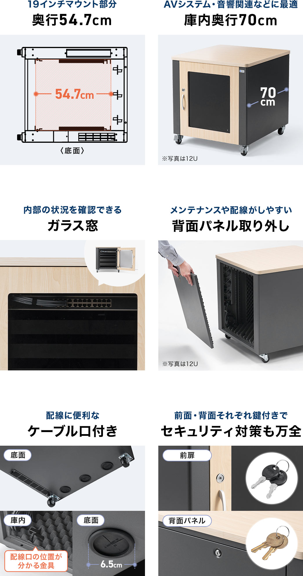 19インチマウント部分は奥行54.7cmで、AVシステムや音響機器の設置に最適、庫内の奥行は70cmあり、内部の状況を確認できるガラス窓を搭載、背面パネルは取り外し可能でメンテナンスや配線がしやすく、ケーブル口も備えているため配線作業に便利、前面と背面にはそれぞれ鍵が付いておりセキュリティ対策も万全です。