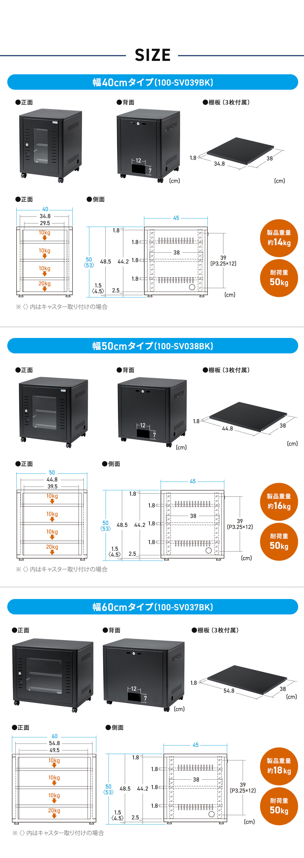 本体サイズは幅40cm・50cm・60cmの3タイプがあり、高さ53cm、奥行き45cm、耐荷重50kgです。