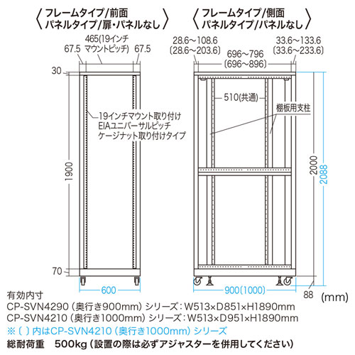 19インチサーバーラック 42U EIA規格 鍵付き メッシュパネル 奥行き